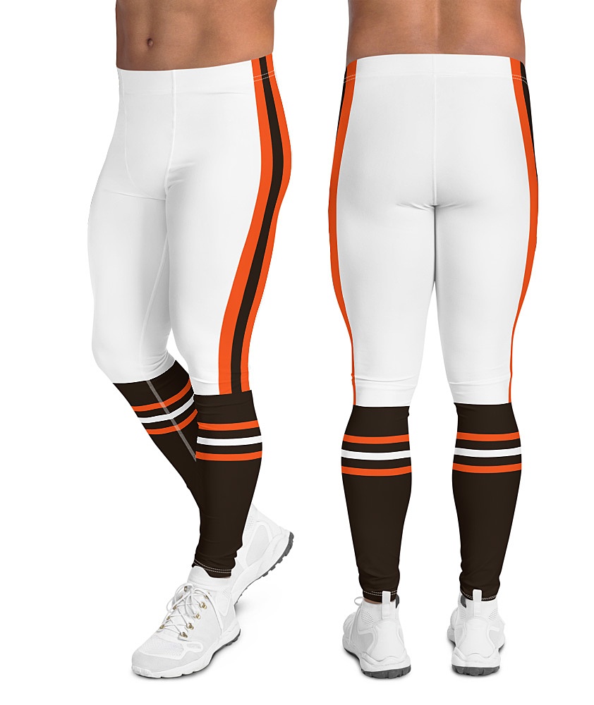 Squeaky Chimp Cleveland Browns Game Day Football Uniform Leggings (Color: Orange / Brown Socks, Size: L, Legging Length: Capri Cropped)