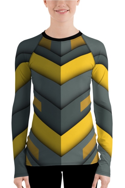 Futuristic spaceship women's rash guard exercise top gray yellow