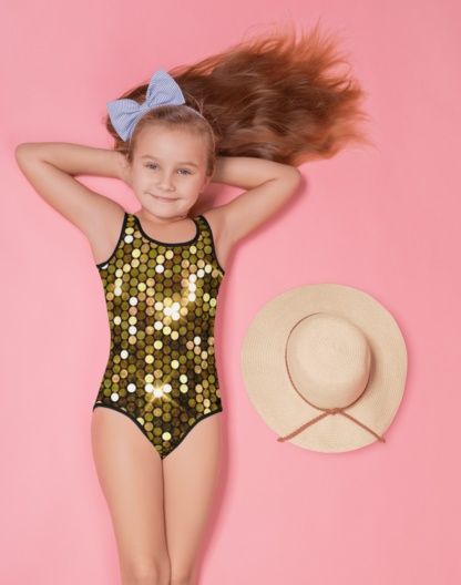 gold bling sparkles sparkly sparkle glitter kids bathing suit swimsuit for children