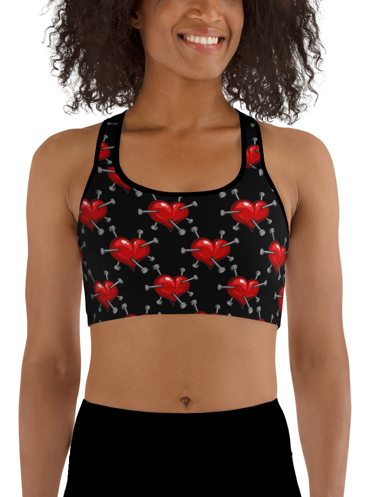 Abstract Woman Black and White with Red Hearts, Women's Fine Art Sports  Bra