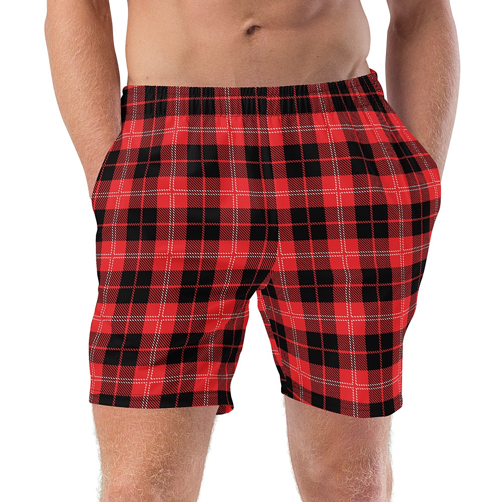 Lizzyapparel Beige and Brown Checkers Neutral Tan and Brown Checkered Mens Swim Trunks, Brown Checkerboard Swim Suit